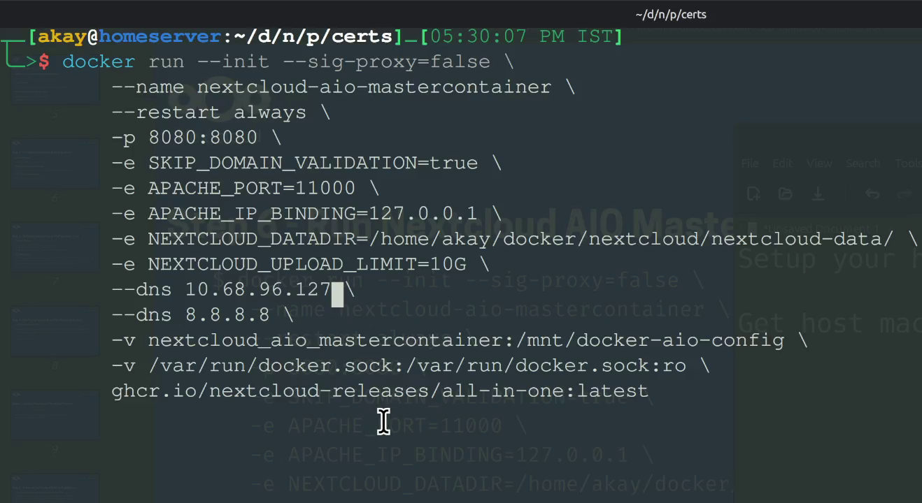 Nextcloud-AIO docker container initialization command