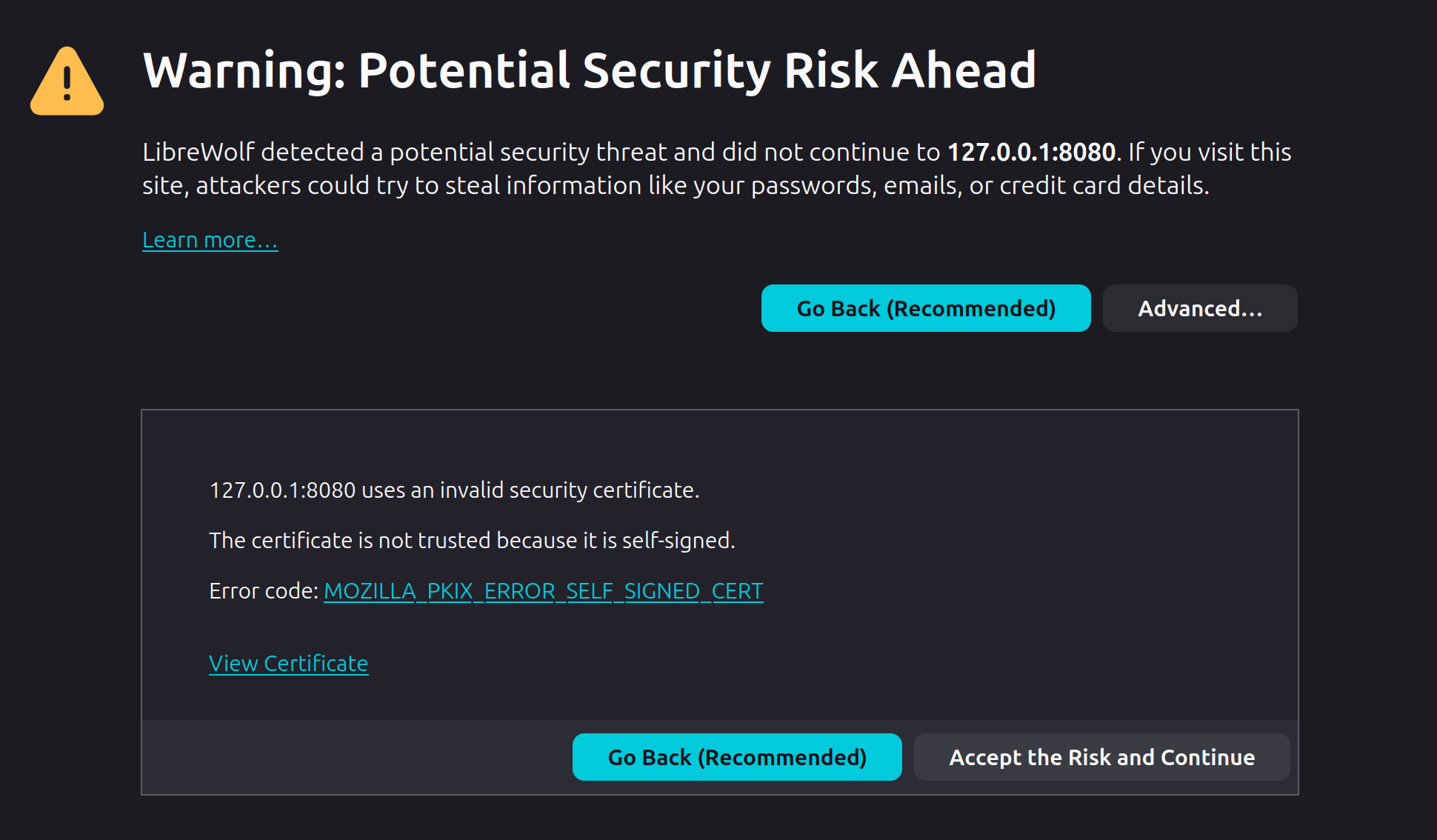 Nextcloud-AIO server access on local system cert warning