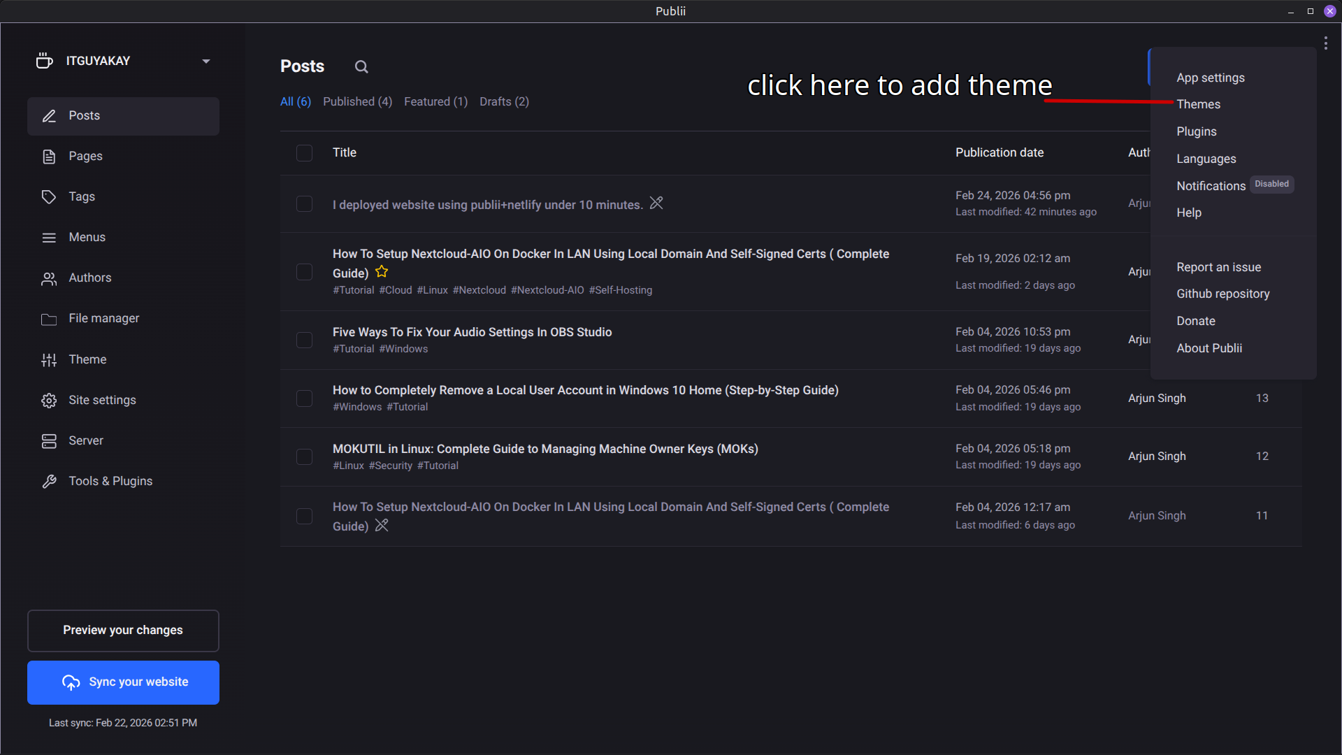 Add custom theme in Publii CMS tool