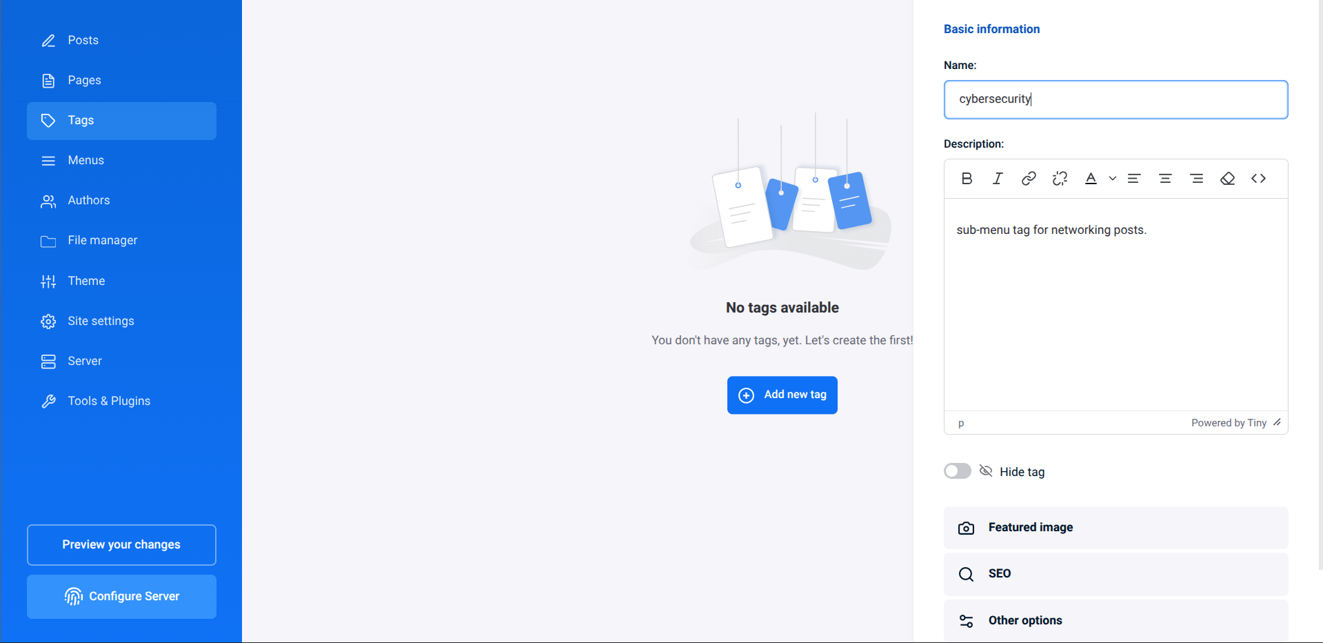 publii website tags option